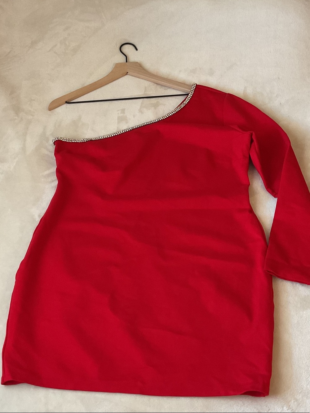 Forever 21 Red One-Shoulder Rhinestone-Trim Dress